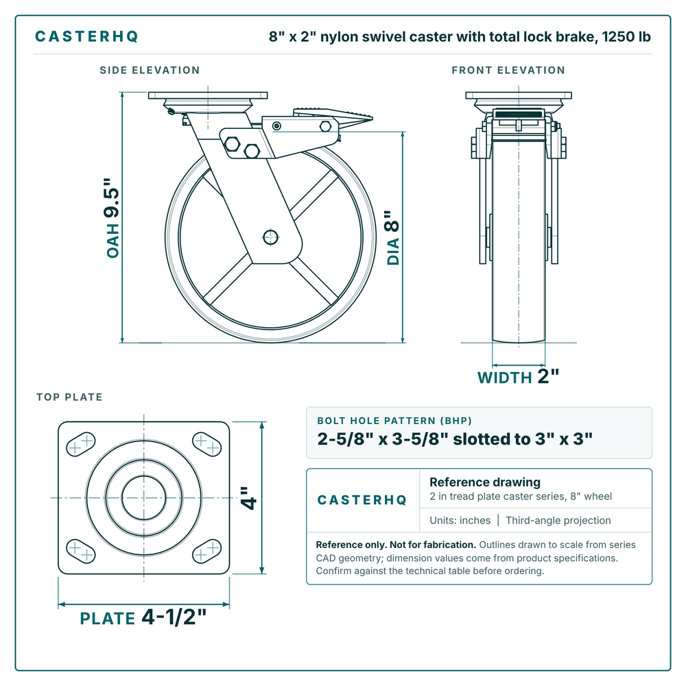 8 x 2 in nylon swivel caster with total lock brake reference drawing, side, front and top plate views with dimensions