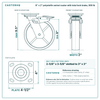8 x 2 in polyolefin swivel caster with total lock brake reference drawing, side, front and top plate views with dimensions