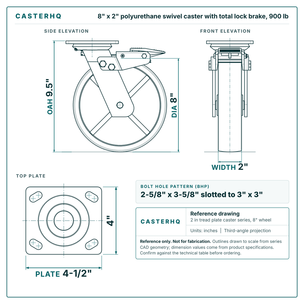 8 x 2 in polyurethane swivel caster with total lock brake reference drawing, side, front and top plate views with dimensions