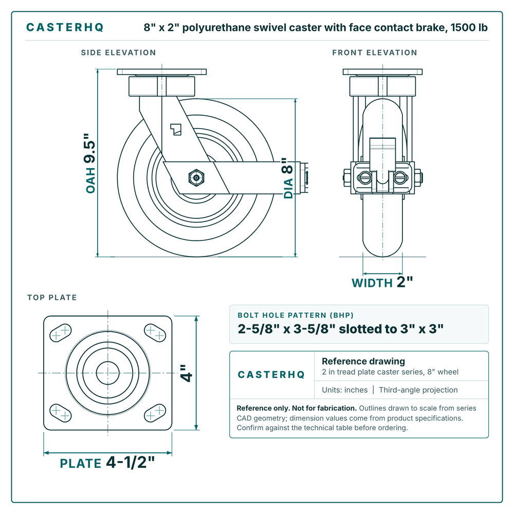 8 x 2 in polyurethane swivel caster with face contact brake reference drawing, side, front and top plate views with dimensions