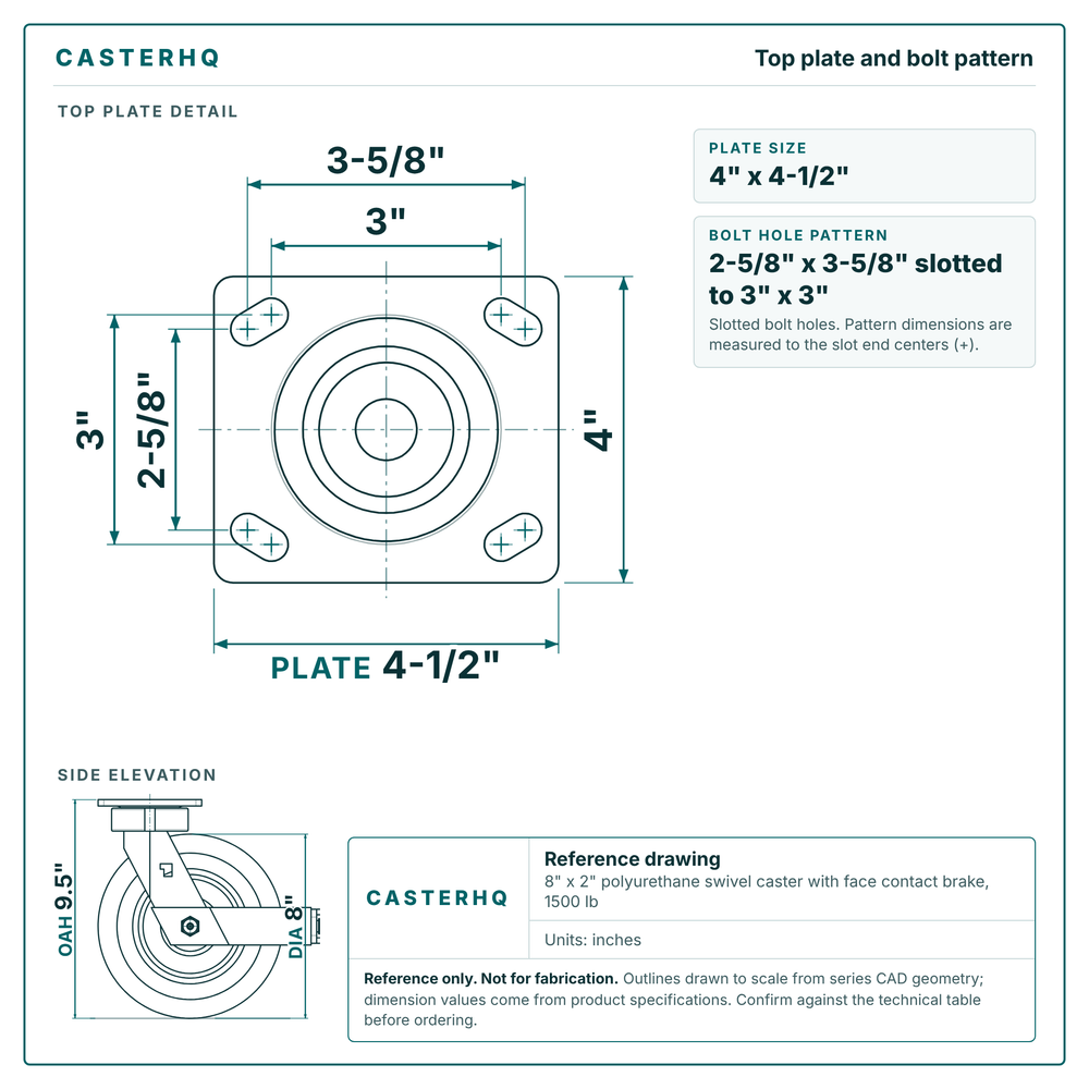 Top plate bolt pattern drawing, 4 x 4-1/2 in plate, slotted bolt holes