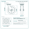 8 x 2 in gray rubber swivel caster reference drawing, side, front and top plate views with dimensions