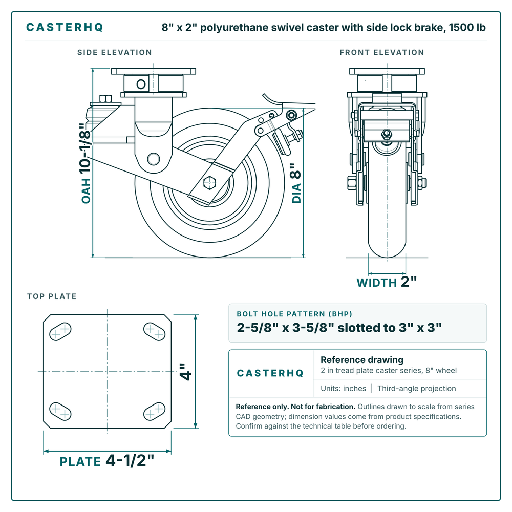 8 x 2 in polyurethane swivel caster with side lock brake reference drawing, side, front and top plate views with dimensions