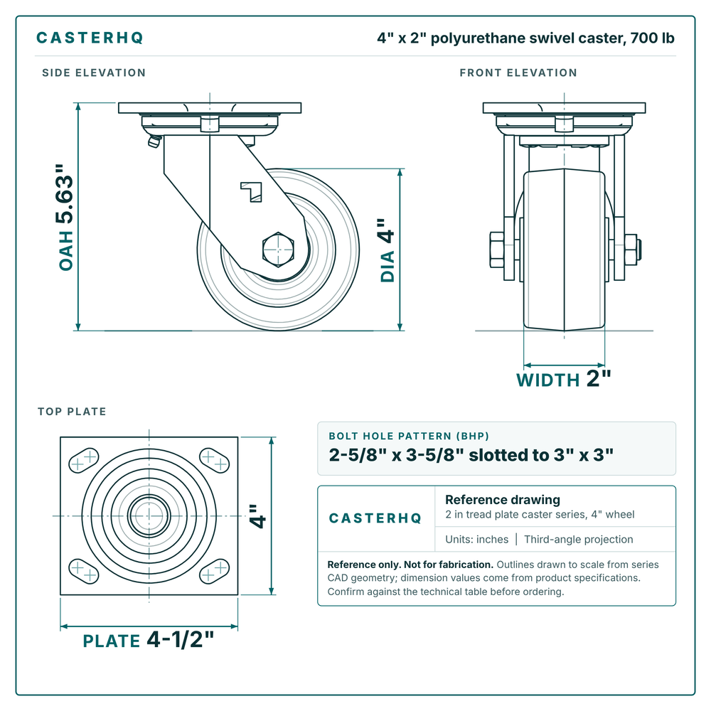 4 x 2 in polyurethane swivel caster reference drawing, side, front and top plate views with dimensions