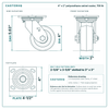 4 x 2 in polyurethane swivel caster reference drawing, side, front and top plate views with dimensions