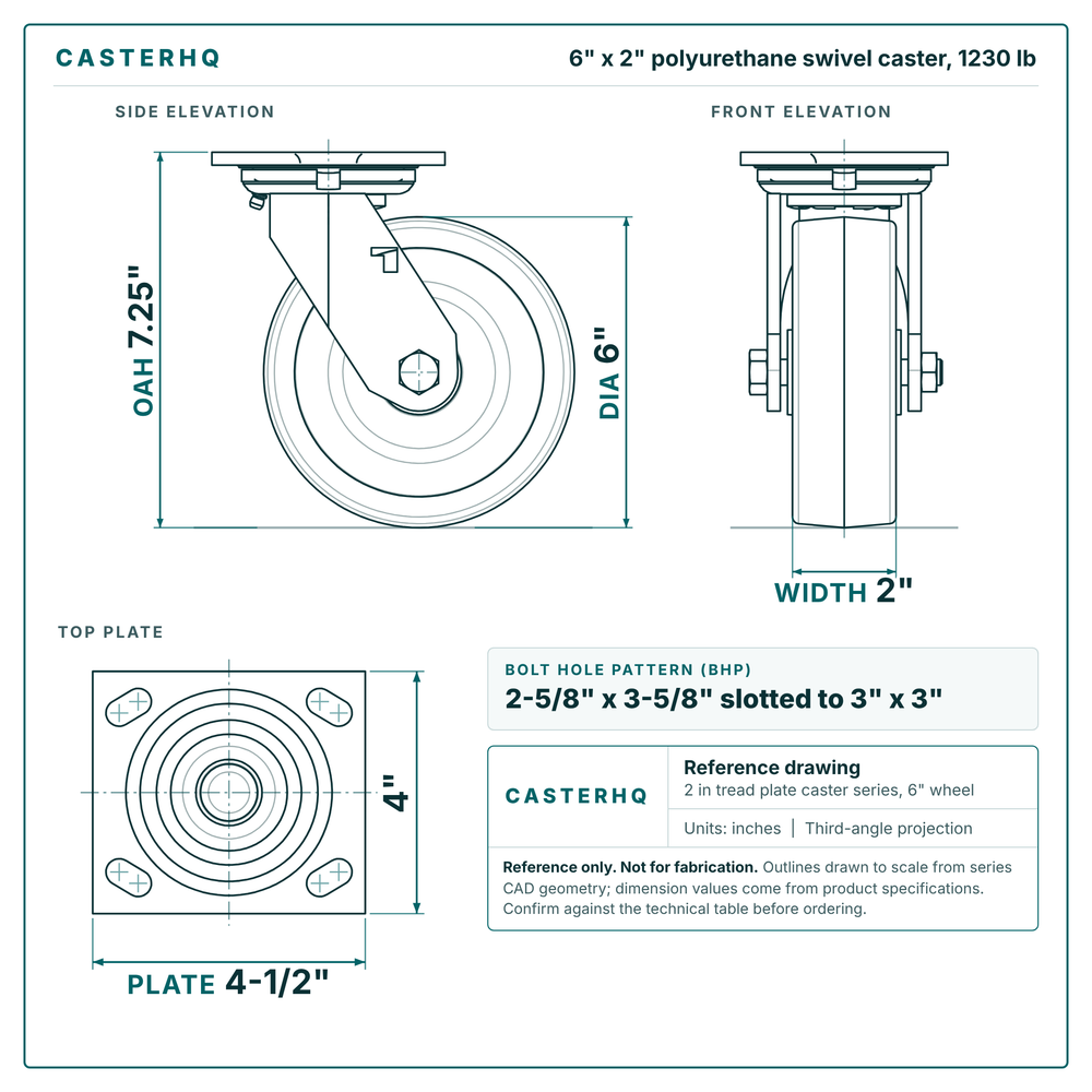 6 x 2 in polyurethane swivel caster reference drawing, side, front and top plate views with dimensions