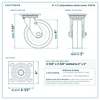 6 x 2 in polyurethane swivel caster reference drawing, side, front and top plate views with dimensions