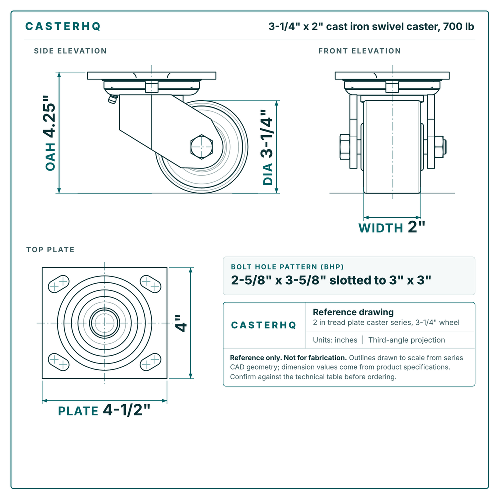 3-1/4 x 2 in cast iron swivel caster reference drawing, side, front and top plate views with dimensions
