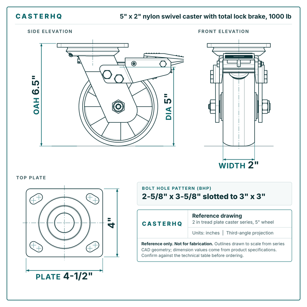 5 x 2 in nylon swivel caster with total lock brake reference drawing, side, front and top plate views with dimensions