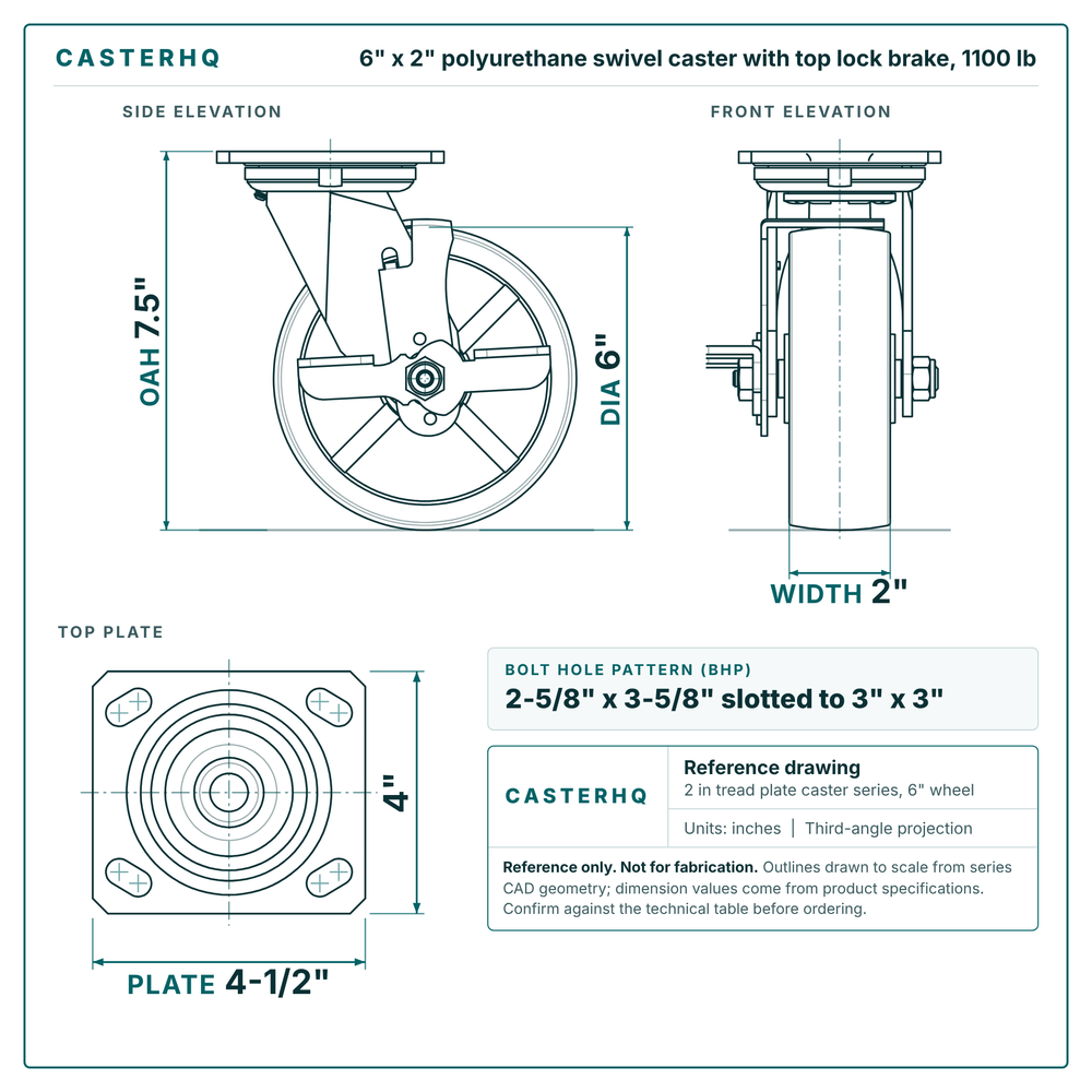 6 x 2 in polyurethane swivel caster with top lock brake reference drawing, side, front and top plate views with dimensions