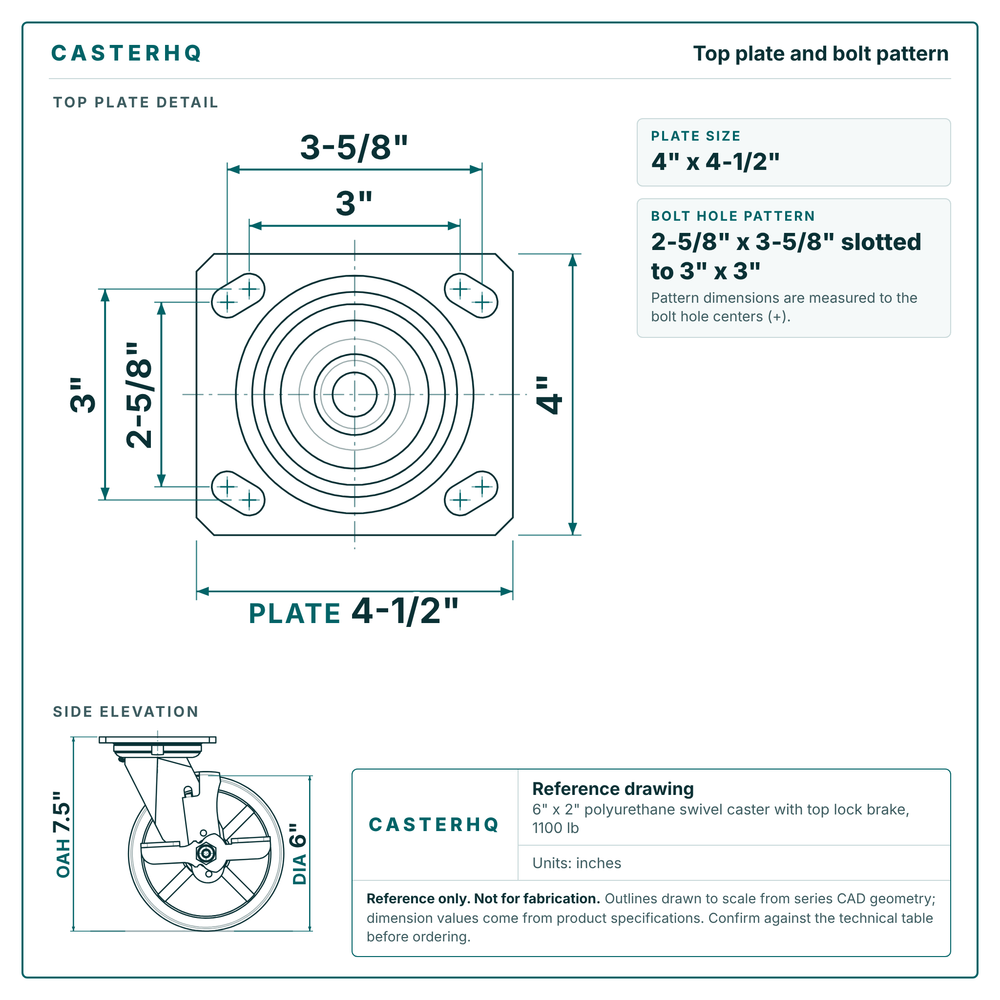 Top plate bolt pattern drawing, 4 x 4-1/2 in plate, slotted bolt holes