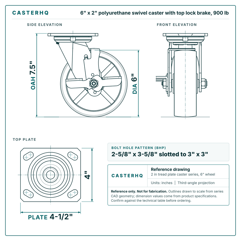6 x 2 in polyurethane swivel caster with top lock brake reference drawing, side, front and top plate views with dimensions