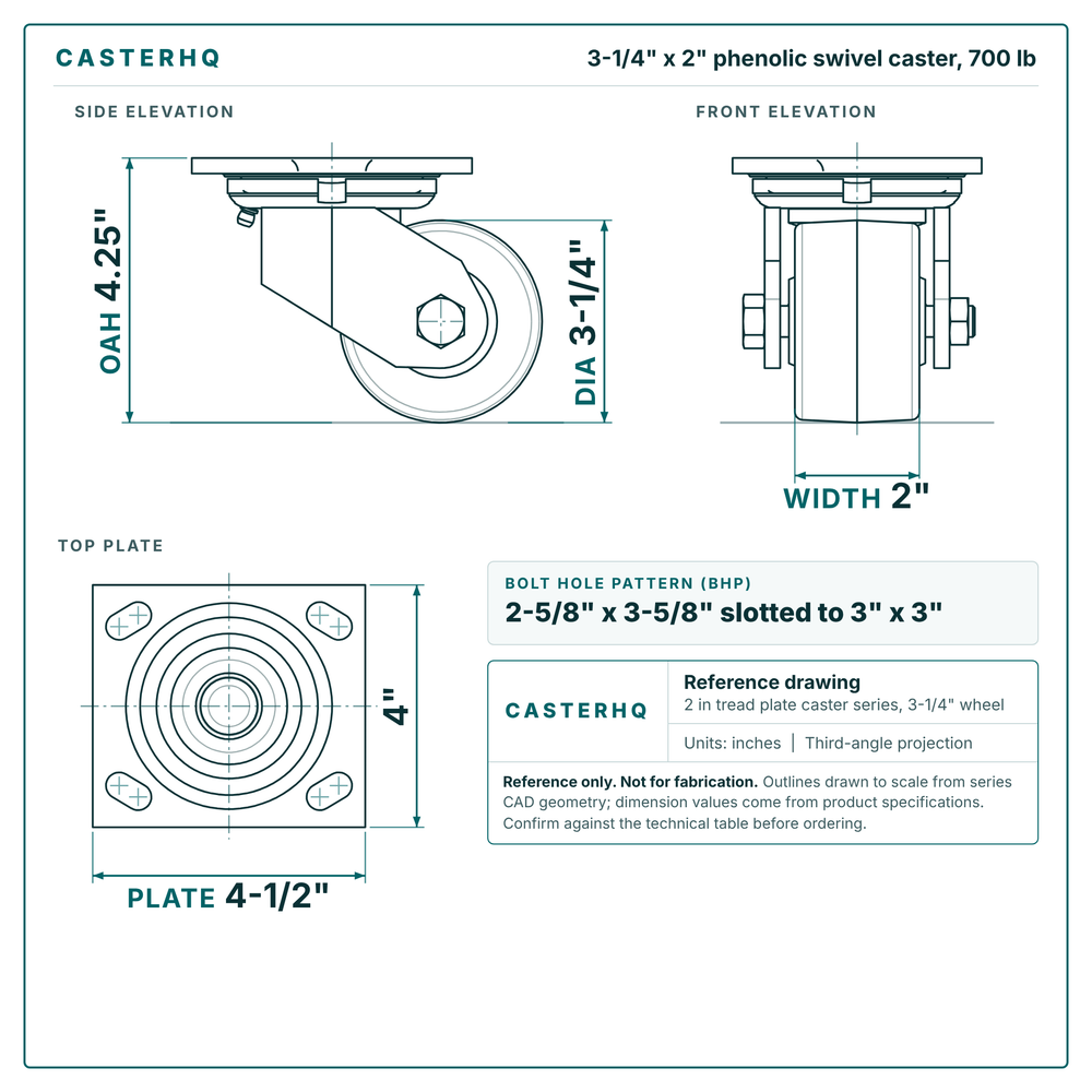 3-1/4 x 2 in phenolic swivel caster reference drawing, side, front and top plate views with dimensions