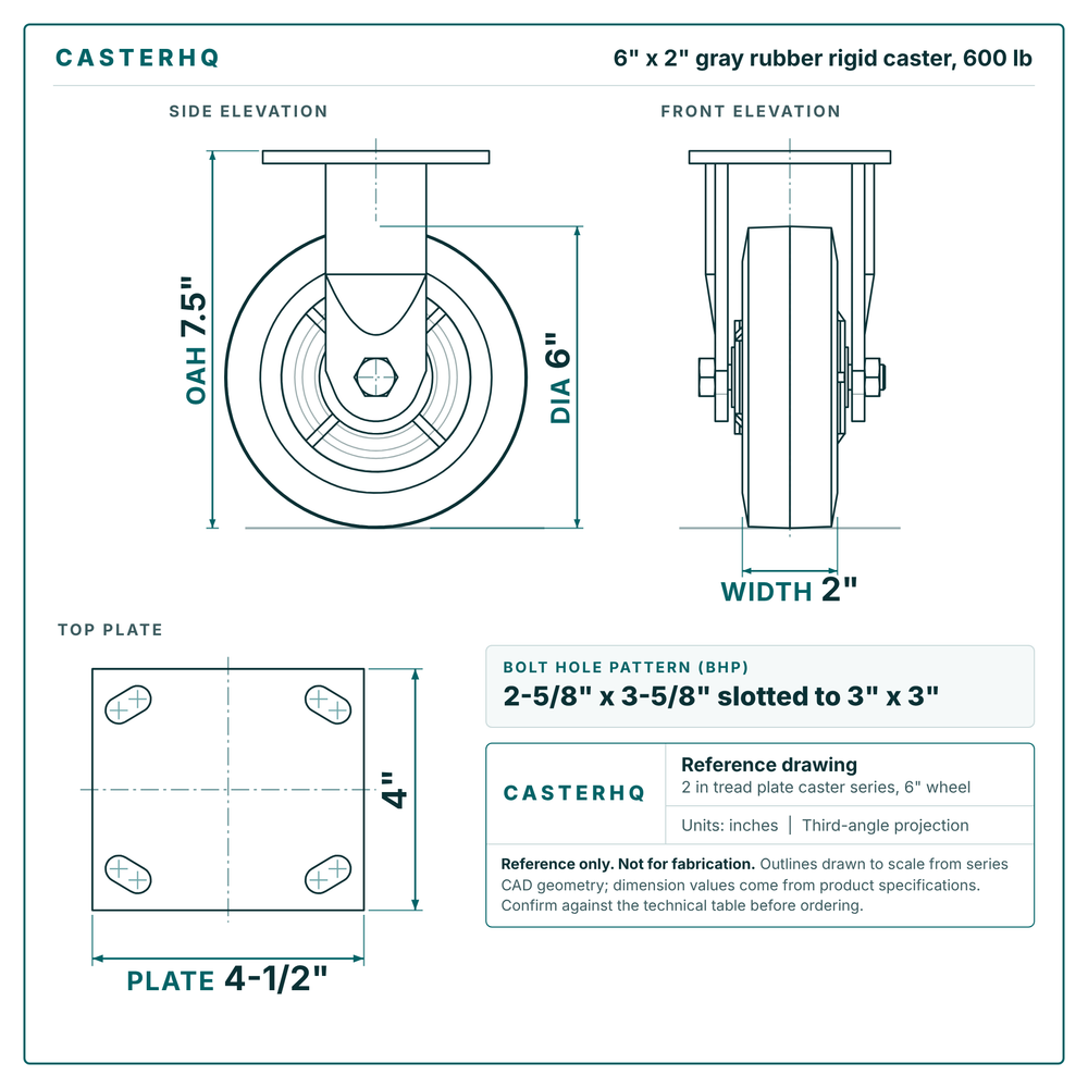 6 x 2 in gray rubber rigid caster reference drawing, side, front and top plate views with dimensions