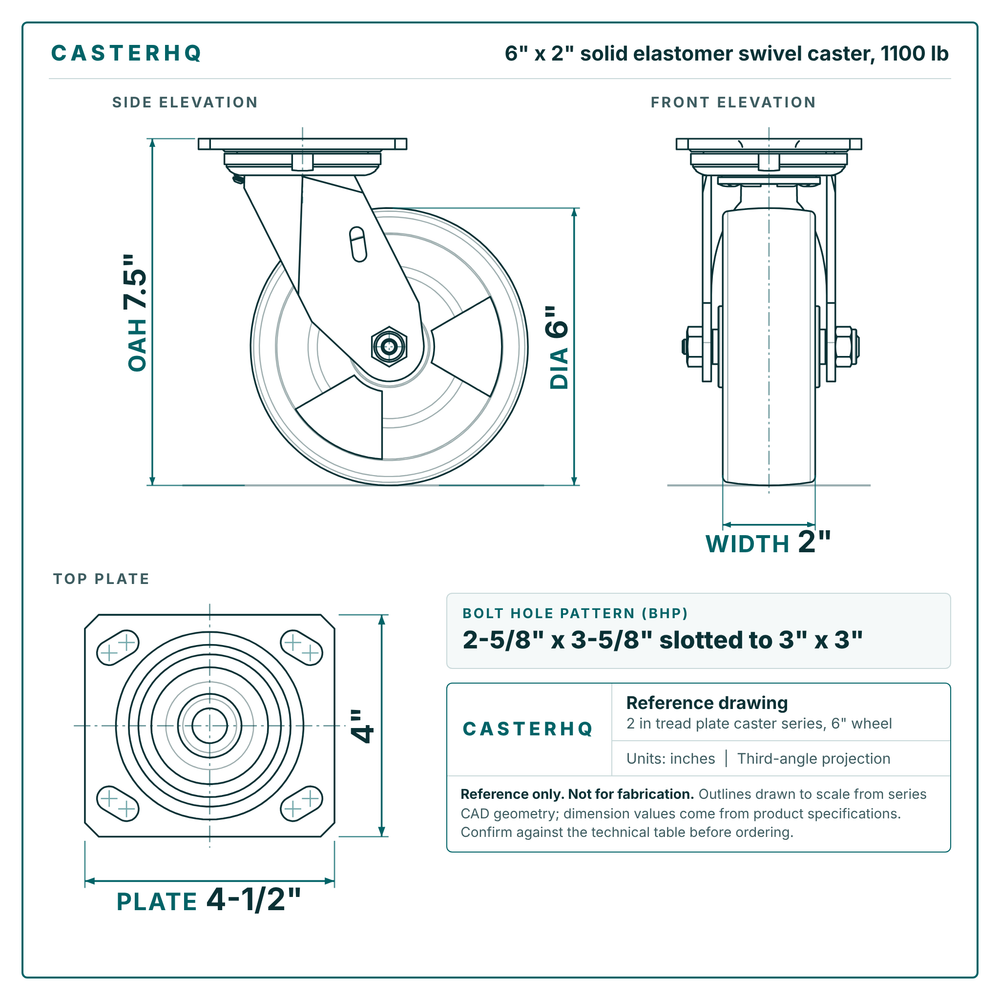 6 x 2 in solid elastomer swivel caster reference drawing, side, front and top plate views with dimensions