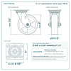 6 x 2 in solid elastomer swivel caster reference drawing, side, front and top plate views with dimensions