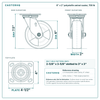 6 x 2 in polyolefin swivel caster reference drawing, side, front and top plate views with dimensions