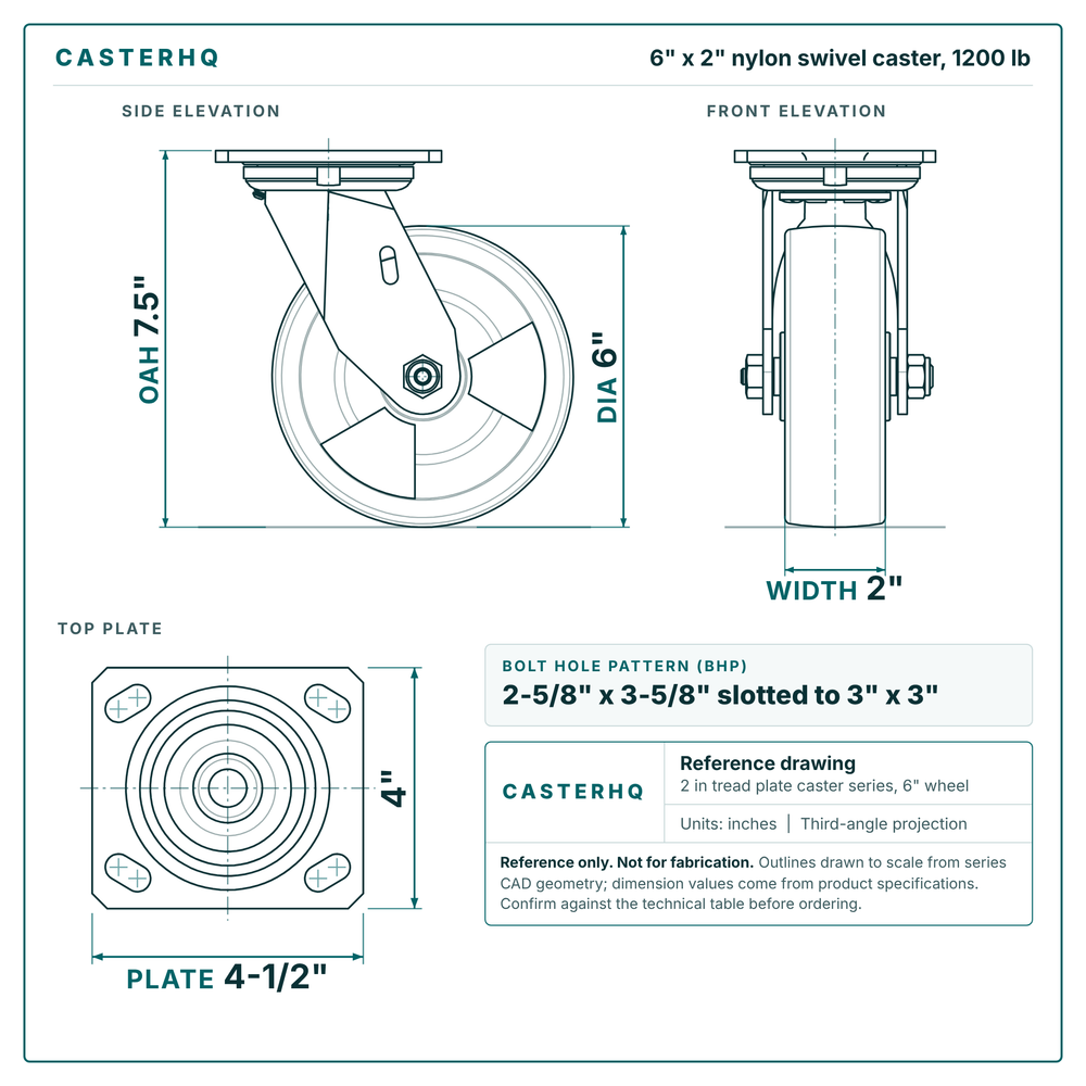 6 x 2 in nylon swivel caster reference drawing, side, front and top plate views with dimensions