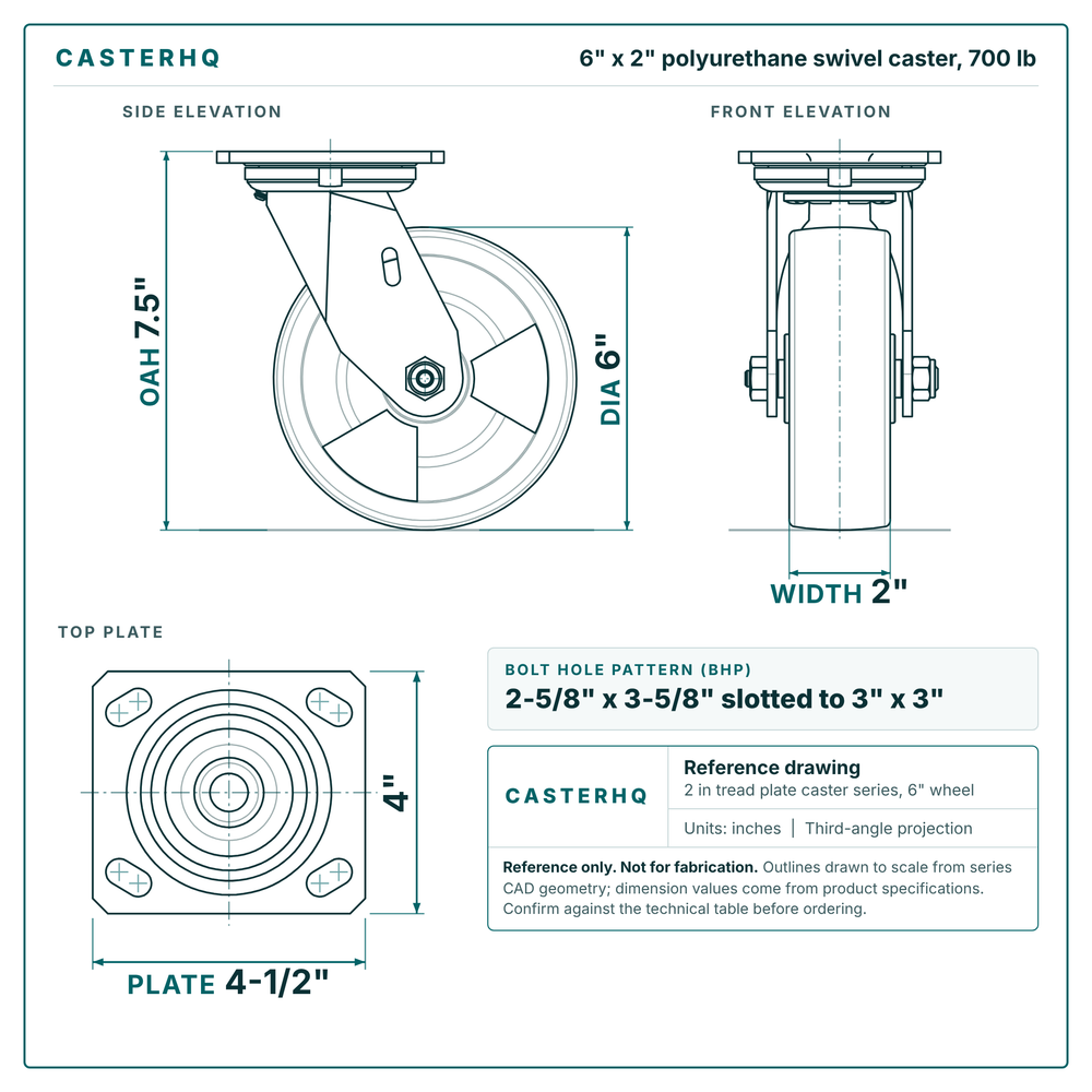 6 x 2 in polyurethane swivel caster reference drawing, side, front and top plate views with dimensions