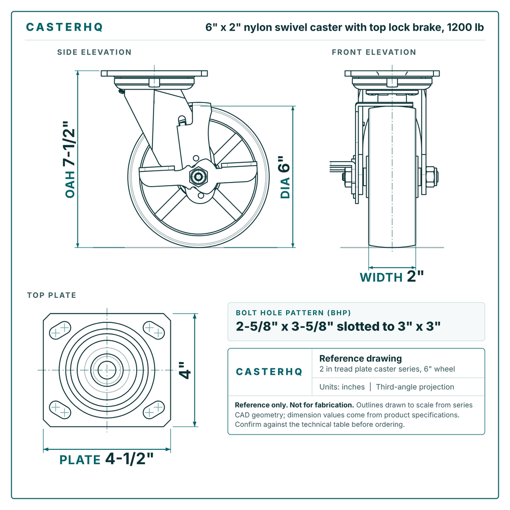 6 x 2 in nylon swivel caster with top lock brake reference drawing, side, front and top plate views with dimensions