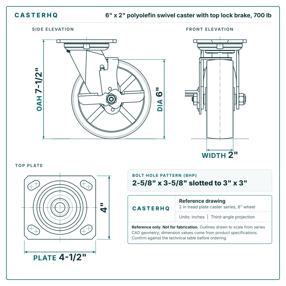 6 x 2 in polyolefin swivel caster with top lock brake reference drawing, side, front and top plate views with dimensions