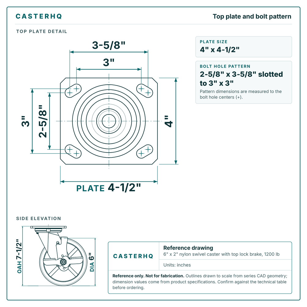 Top plate bolt pattern drawing, 4 x 4-1/2 in plate, slotted bolt holes
