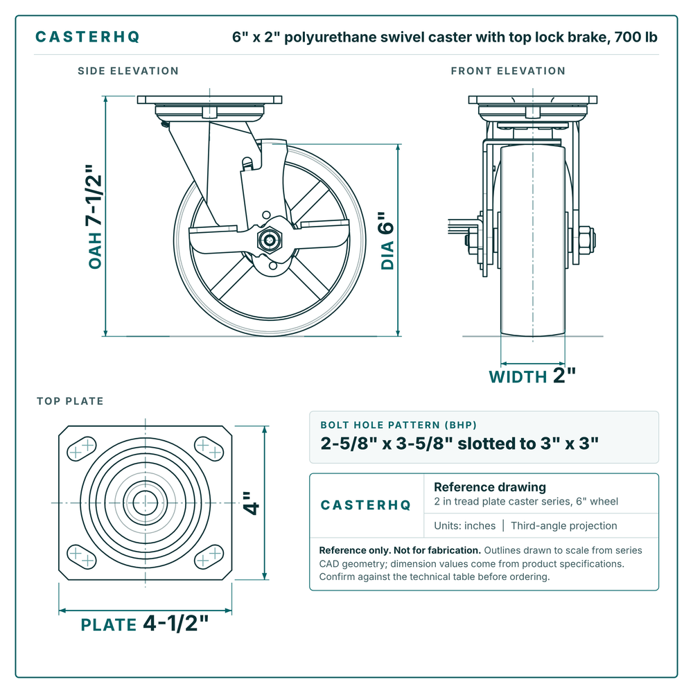 6 x 2 in polyurethane swivel caster with top lock brake reference drawing, side, front and top plate views with dimensions