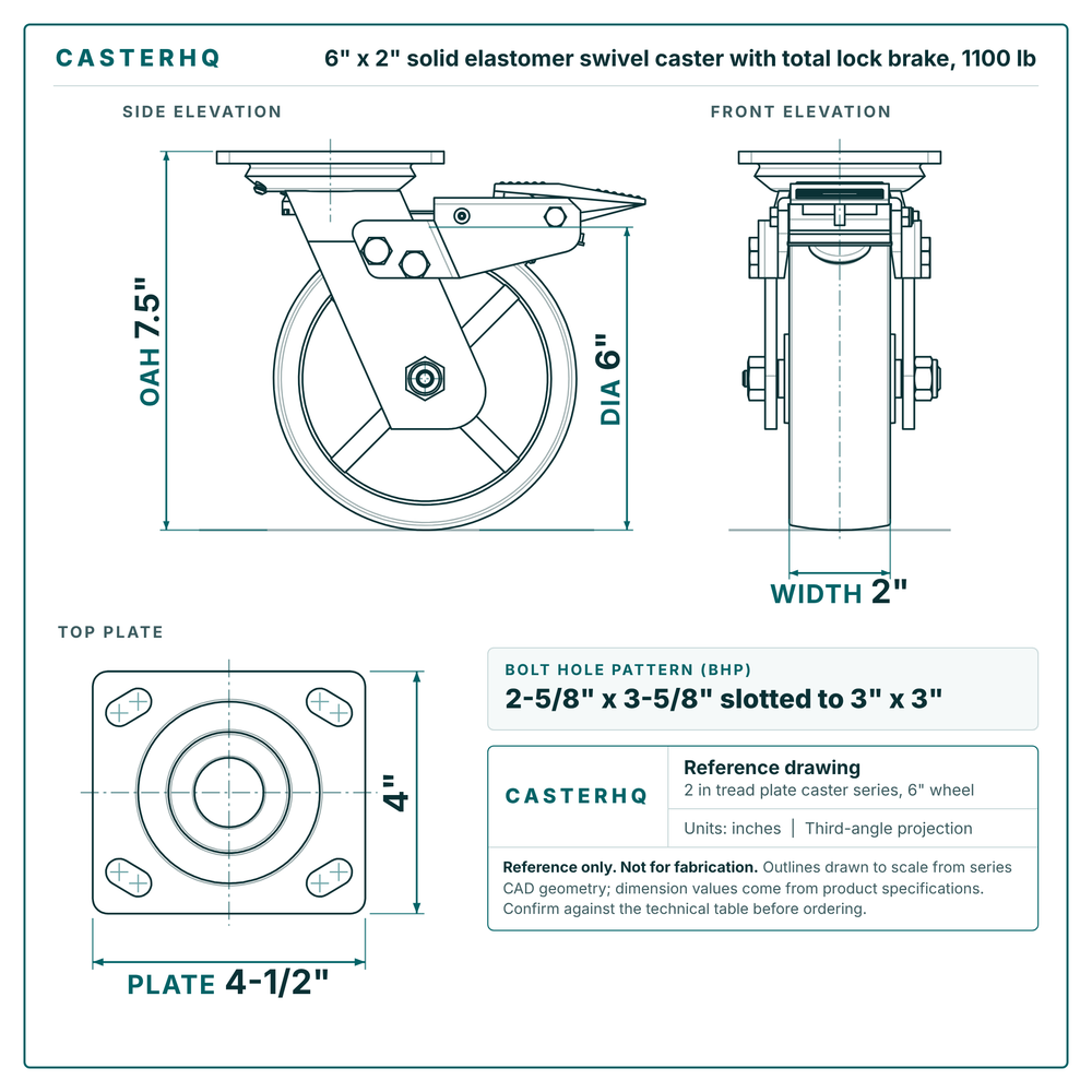6 x 2 in solid elastomer swivel caster with total lock brake reference drawing, side, front and top plate views with dimensions