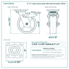 6 x 2 in nylon swivel caster with total lock brake reference drawing, side, front and top plate views with dimensions