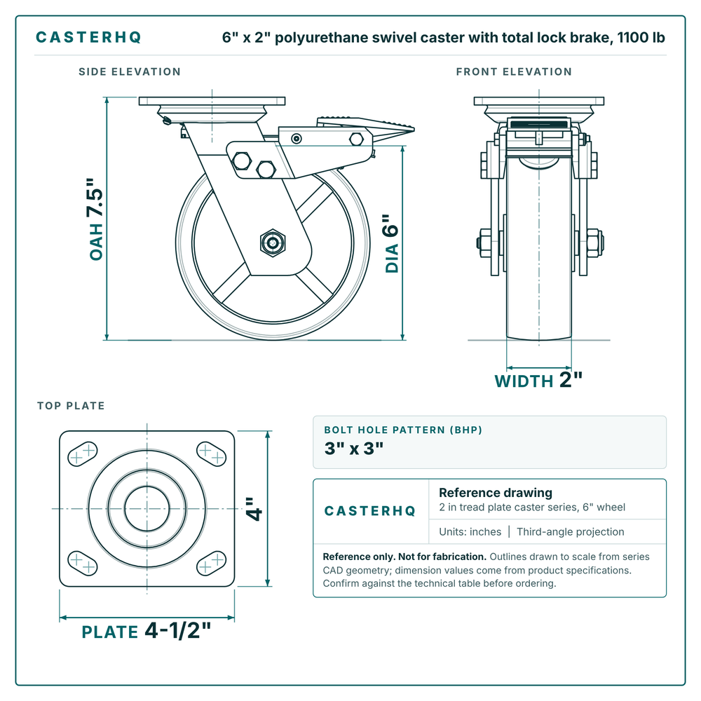 6 x 2 in polyurethane swivel caster with total lock brake reference drawing, side, front and top plate views with dimensions