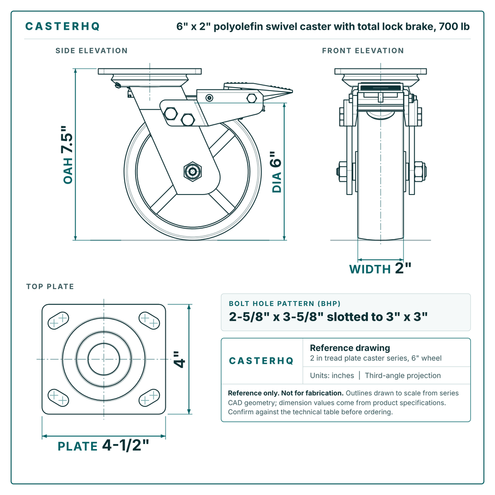 6 x 2 in polyolefin swivel caster with total lock brake reference drawing, side, front and top plate views with dimensions
