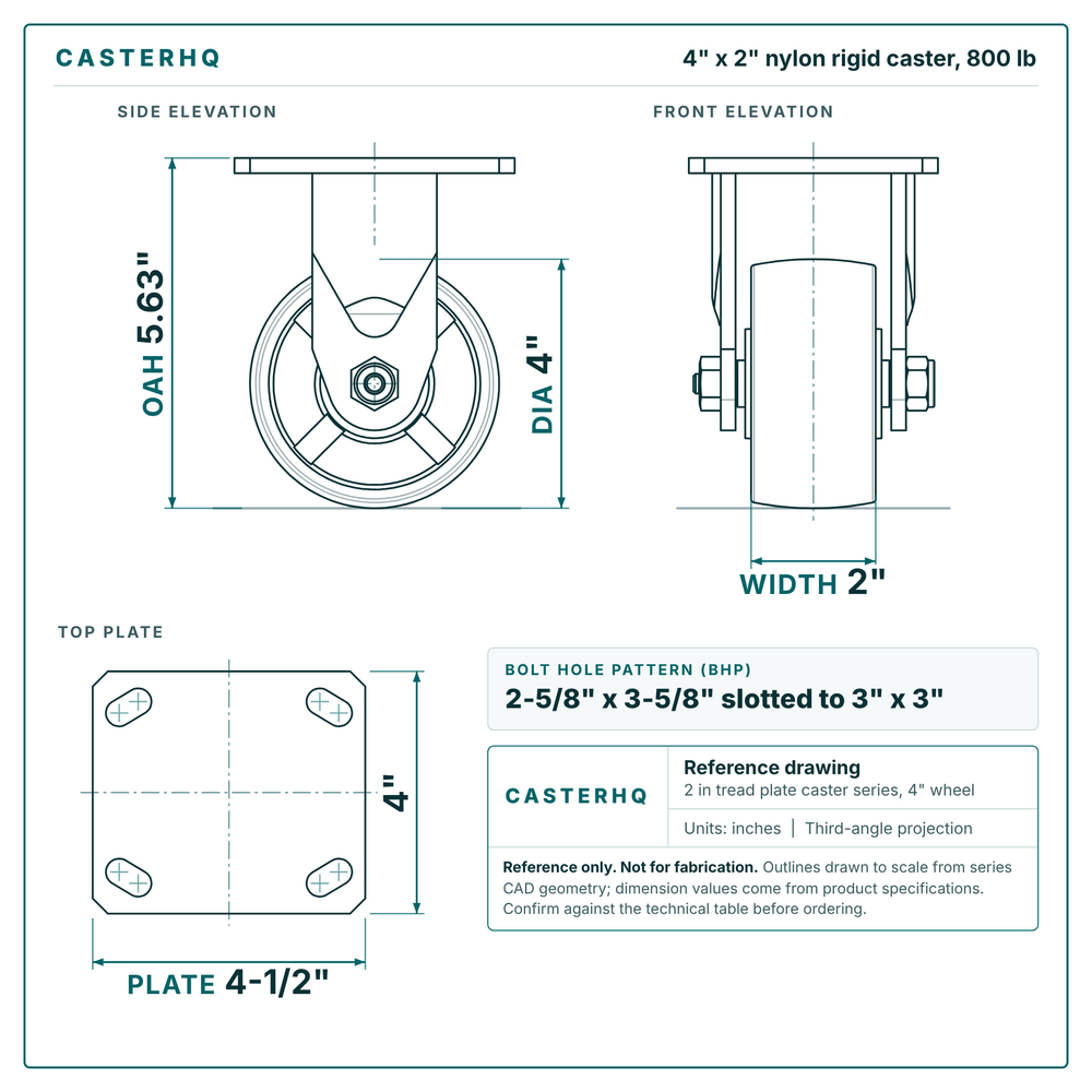 4 x 2 in nylon rigid caster reference drawing, side, front and top plate views with dimensions