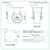 4 x 2 in polyolefin rigid caster reference drawing, side, front and top plate views with dimensions