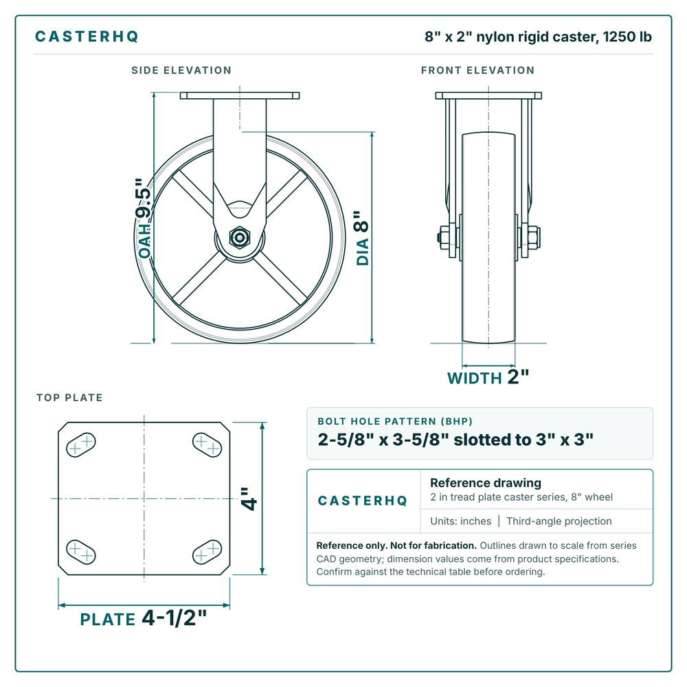 8 x 2 in nylon rigid caster reference drawing, side, front and top plate views with dimensions