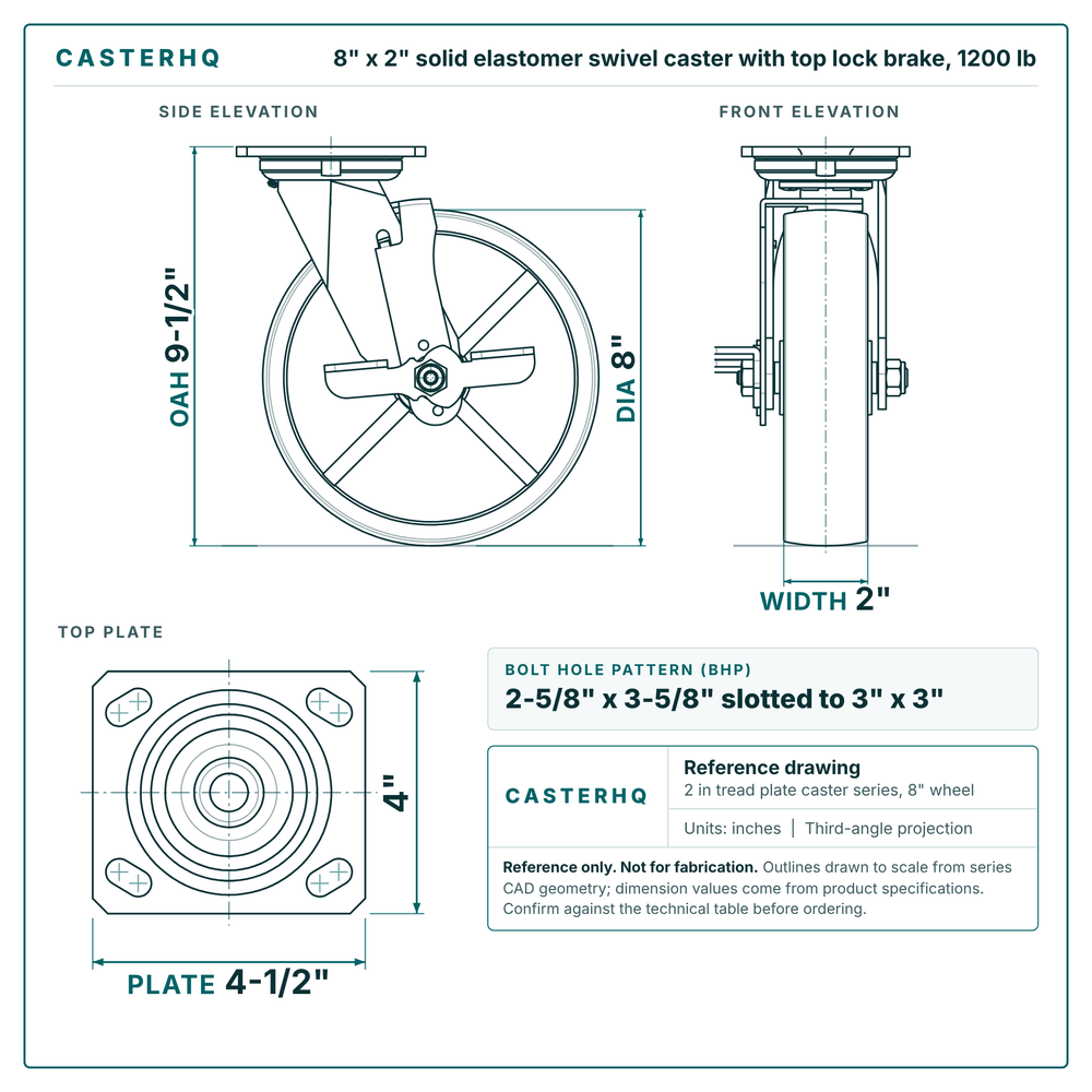 8 x 2 in solid elastomer swivel caster with top lock brake reference drawing, side, front and top plate views with dimensions