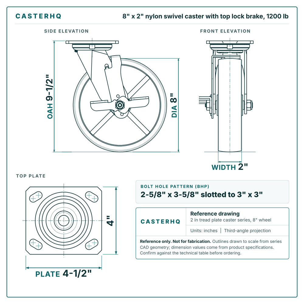 8 x 2 in nylon swivel caster with top lock brake reference drawing, side, front and top plate views with dimensions