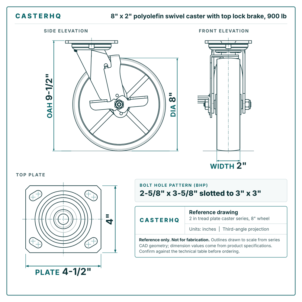8 x 2 in polyolefin swivel caster with top lock brake reference drawing, side, front and top plate views with dimensions