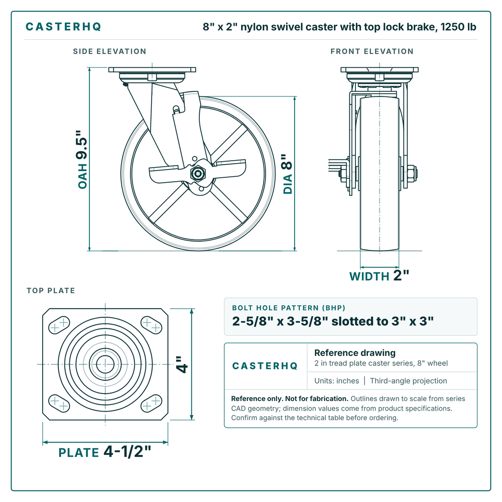 8 x 2 in nylon swivel caster with top lock brake reference drawing, side, front and top plate views with dimensions