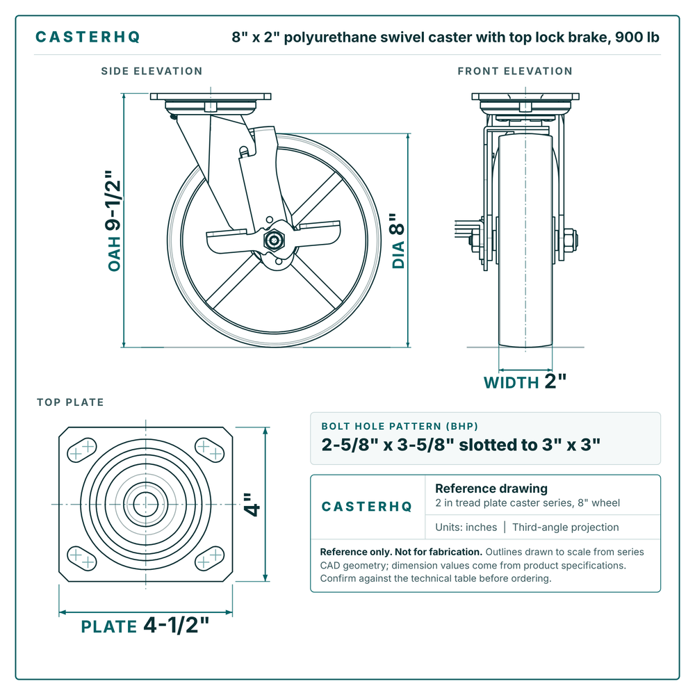 8 x 2 in polyurethane swivel caster with top lock brake reference drawing, side, front and top plate views with dimensions