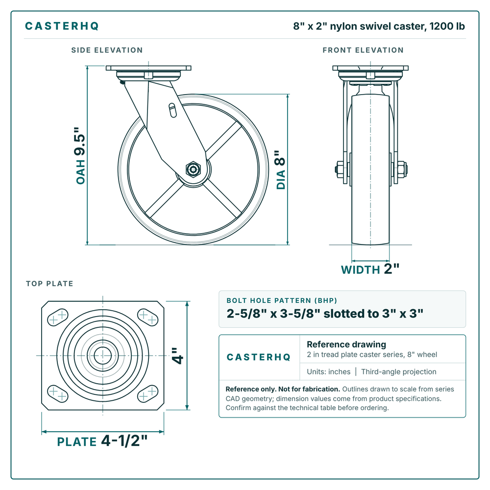 8 x 2 in nylon swivel caster reference drawing, side, front and top plate views with dimensions