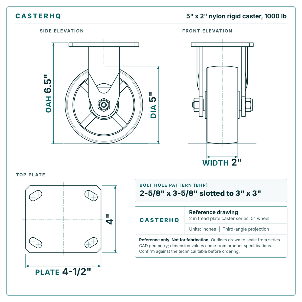 5 x 2 in nylon rigid caster reference drawing, side, front and top plate views with dimensions