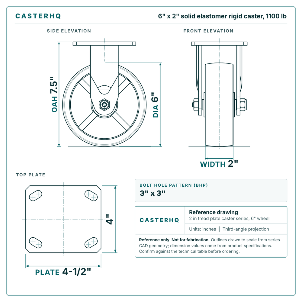 6 x 2 in solid elastomer rigid caster reference drawing, side, front and top plate views with dimensions