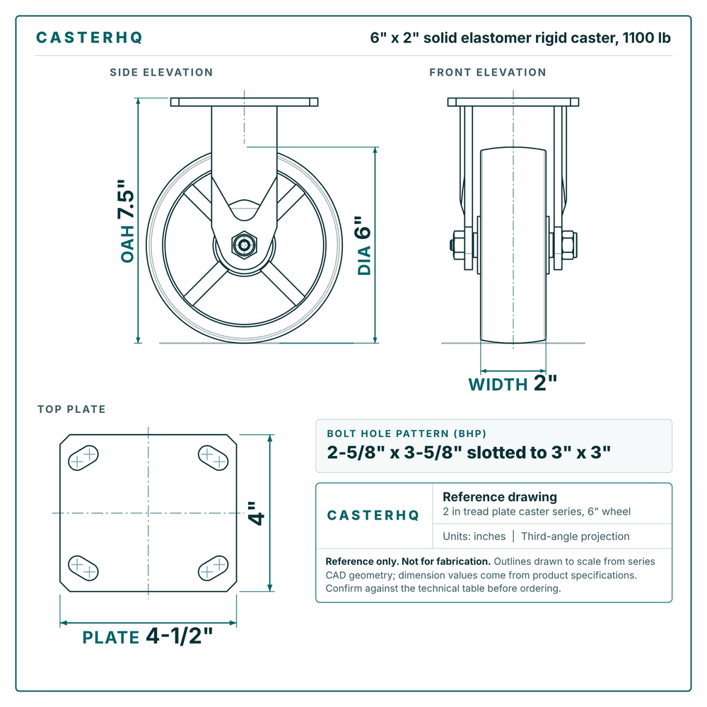 6 x 2 in solid elastomer rigid caster reference drawing, side, front and top plate views with dimensions