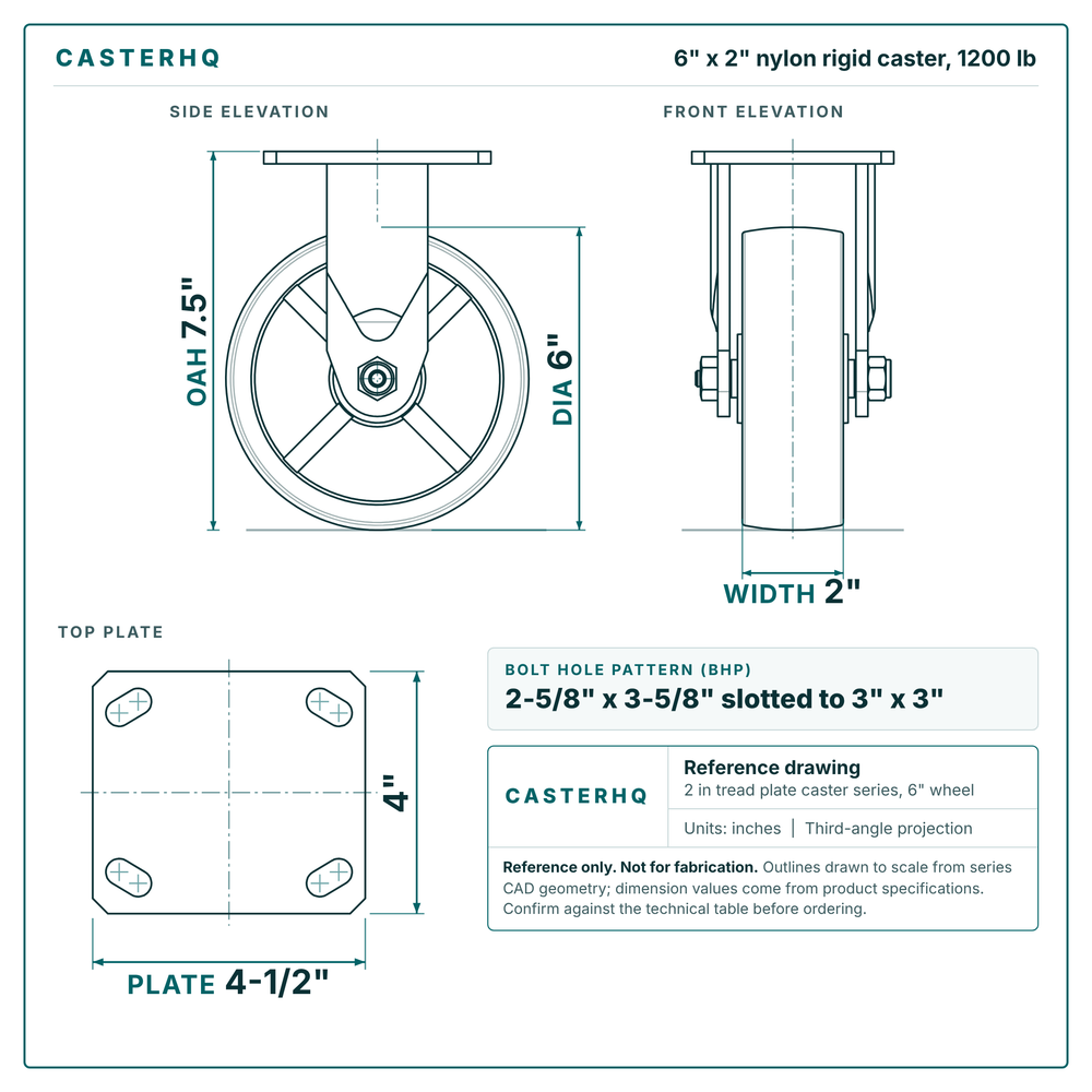 6 x 2 in nylon rigid caster reference drawing, side, front and top plate views with dimensions