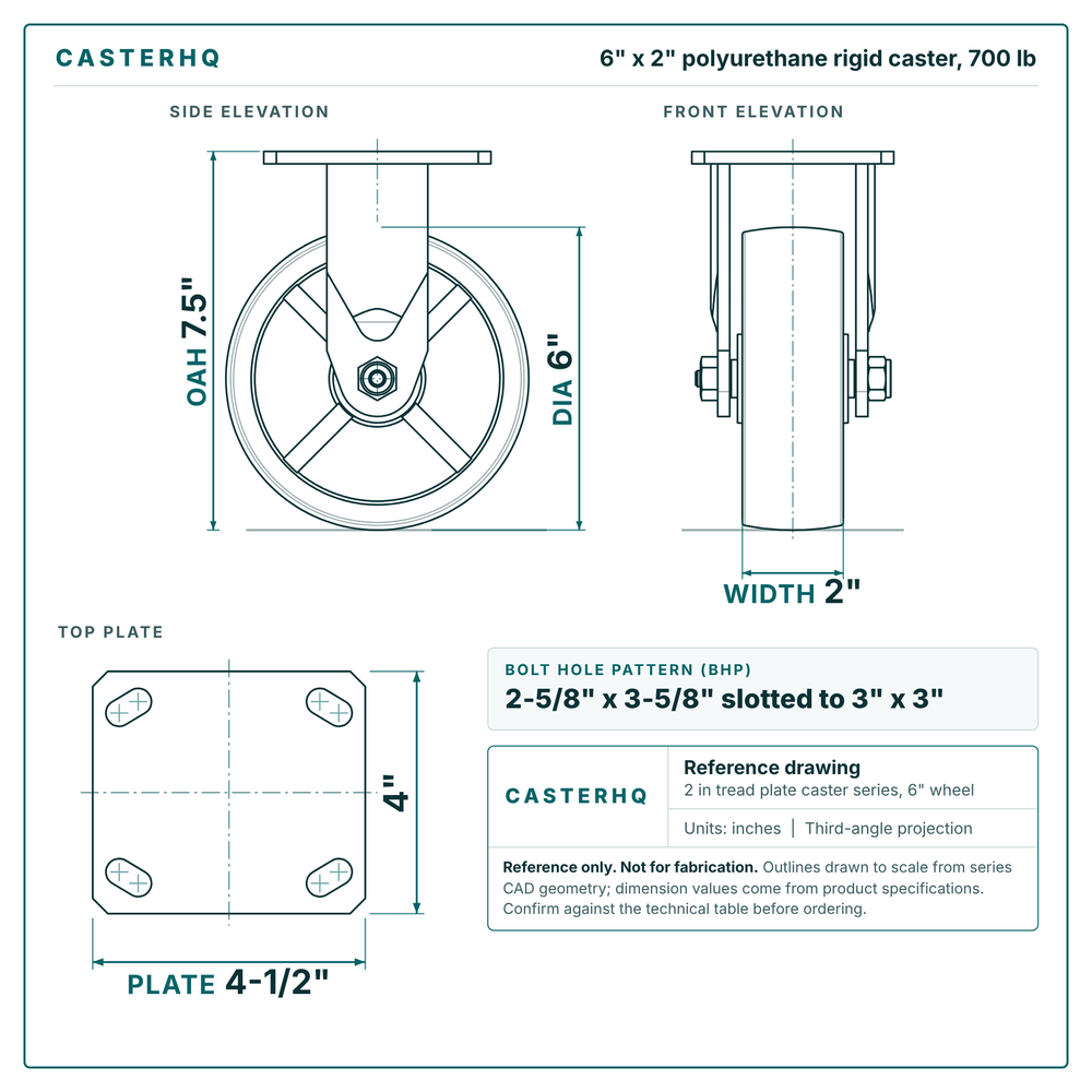 6 x 2 in polyurethane rigid caster reference drawing, side, front and top plate views with dimensions