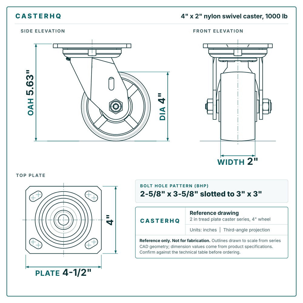 4 x 2 in nylon swivel caster reference drawing, side, front and top plate views with dimensions