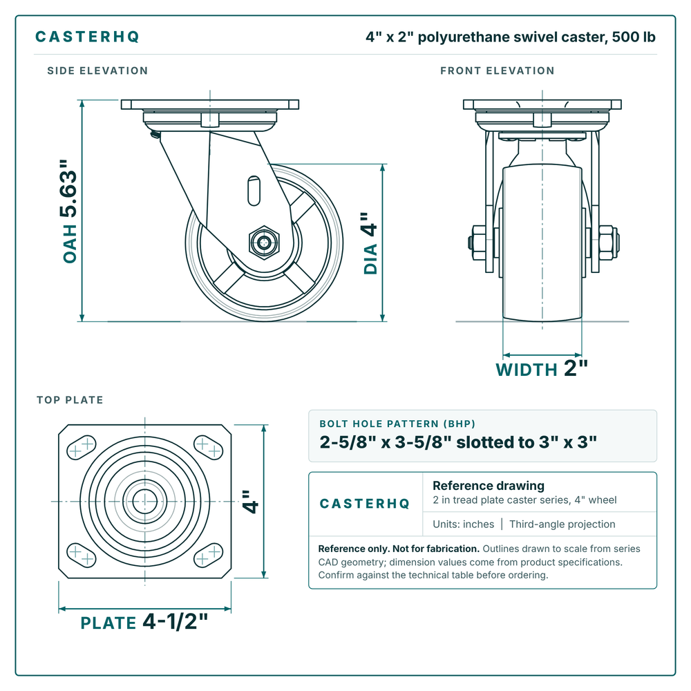 4 x 2 in polyurethane swivel caster reference drawing, side, front and top plate views with dimensions