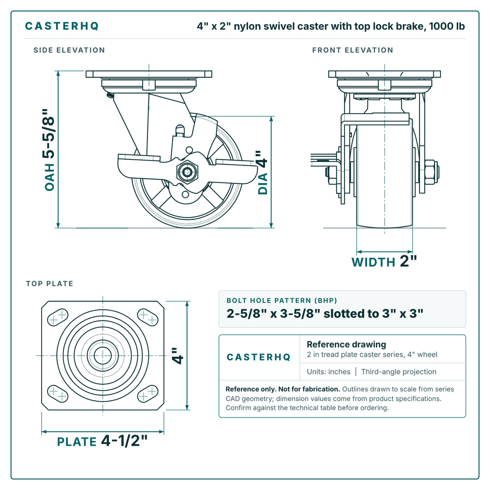 4 x 2 in nylon swivel caster with top lock brake reference drawing, side, front and top plate views with dimensions
