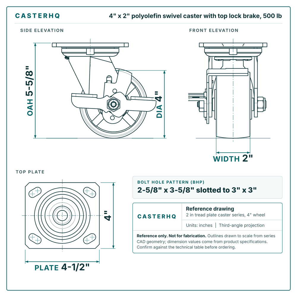 4 x 2 in polyolefin swivel caster with top lock brake reference drawing, side, front and top plate views with dimensions