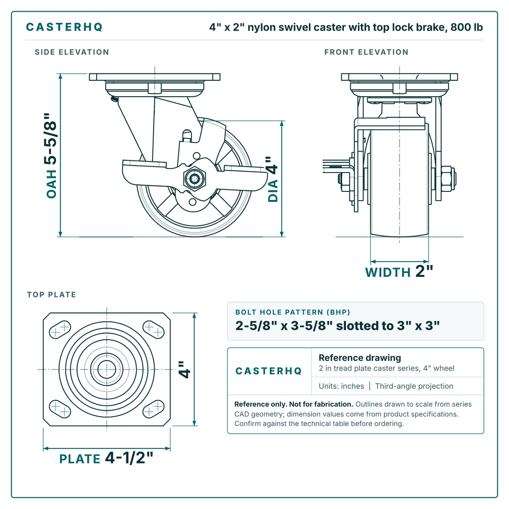 4 x 2 in nylon swivel caster with top lock brake reference drawing, side, front and top plate views with dimensions